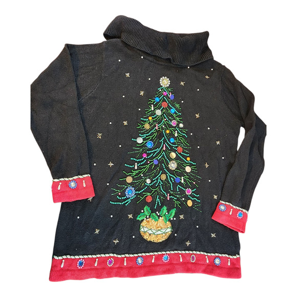 B P Designs sz Large Holiday sweater Christmas tree bling tunic knit black red - Picture 1 of 14